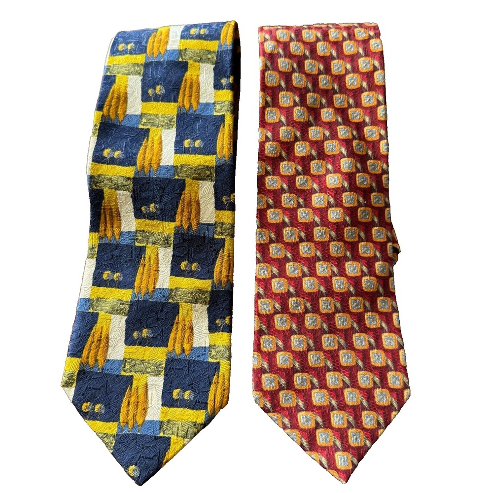 Ermenegildo Zegna Silk Textured Ties Red Geometric / Fall Trees Nature Lot of 2